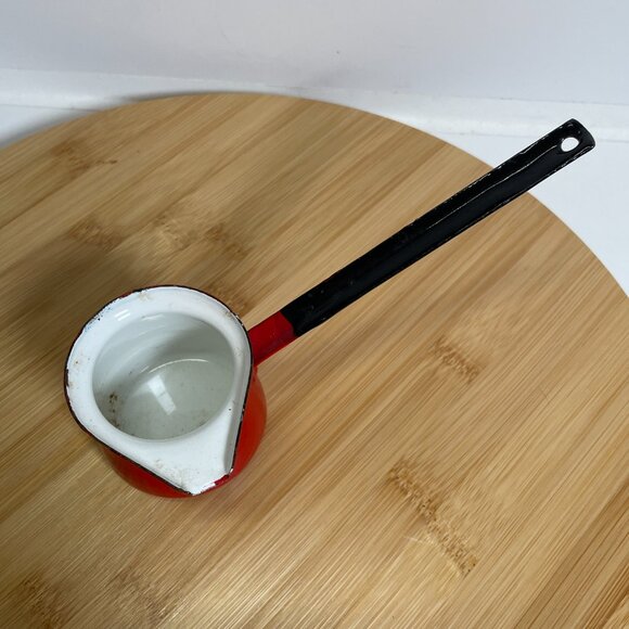 Vintage Red White Enamel Melting Pot Enamelware Butter Syrup Turkish Coffee - Picture 4 of 5